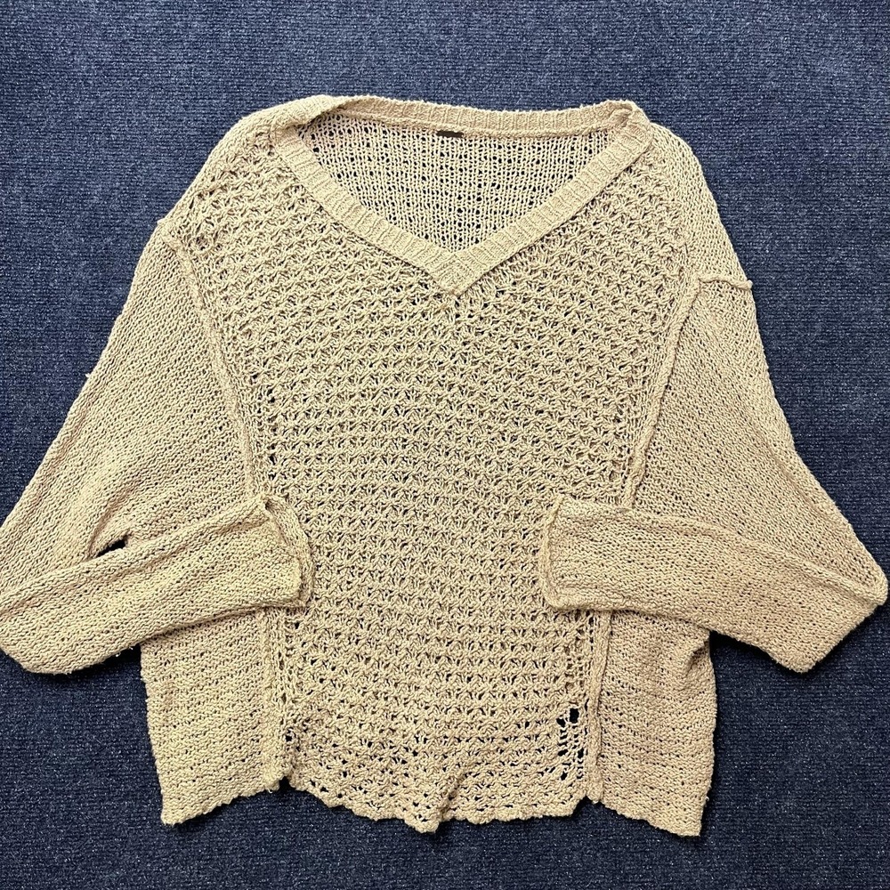 Free People Sweater Womens Medium Over Sized Beige‎ V Neck Open Knit Dolman Boho